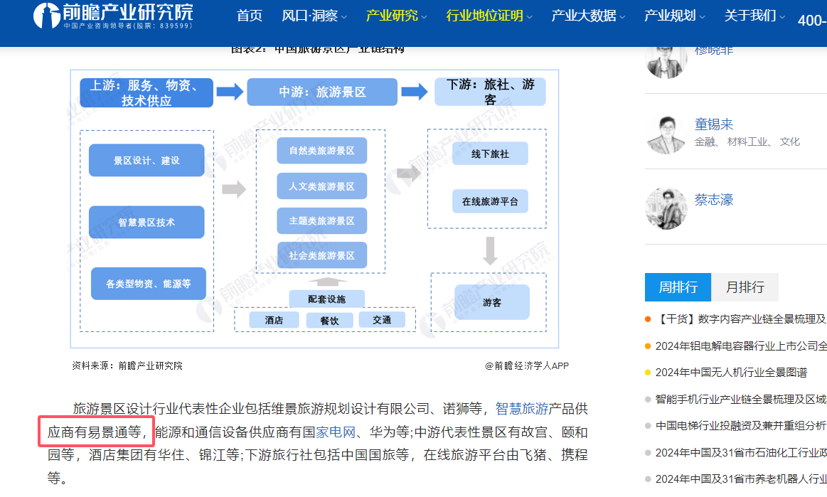 智慧旅游产品供应商易景通被前瞻产业研究院推荐